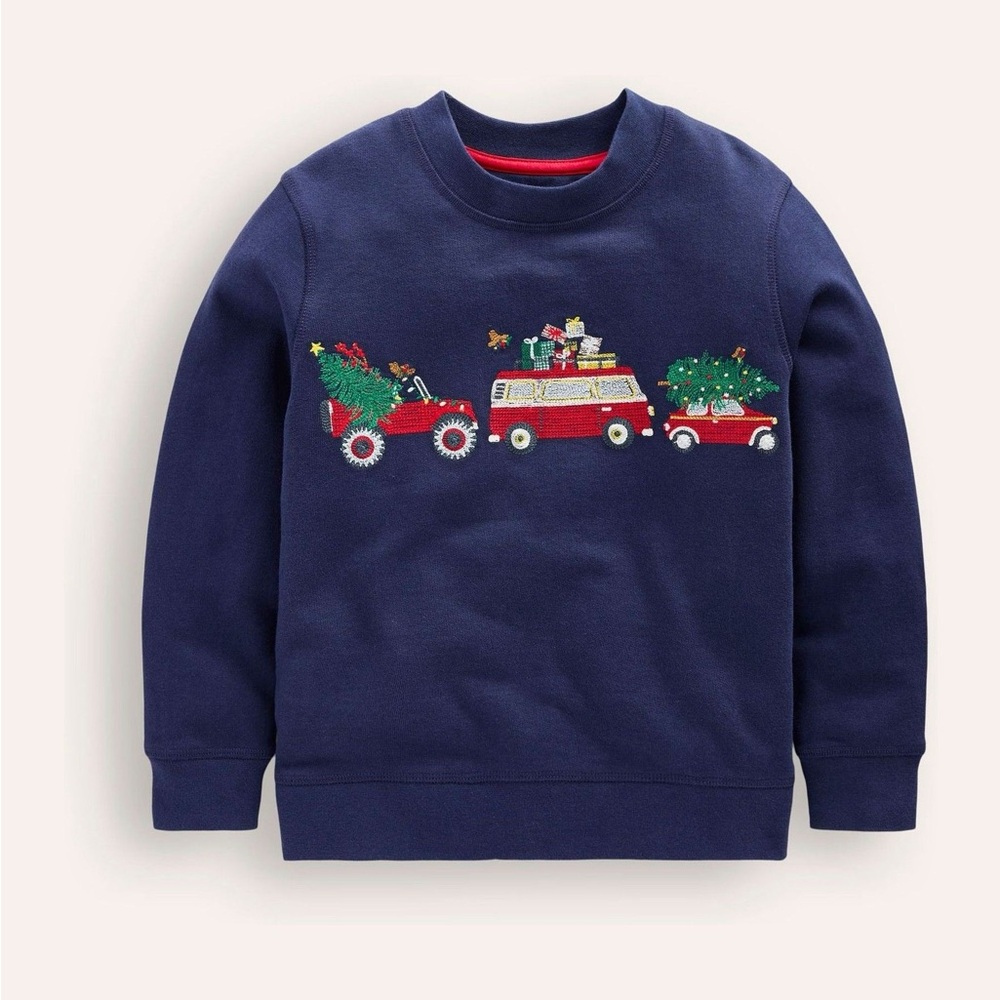 Mini Boden Navy Kids Sweater with Festive Red Vehicles